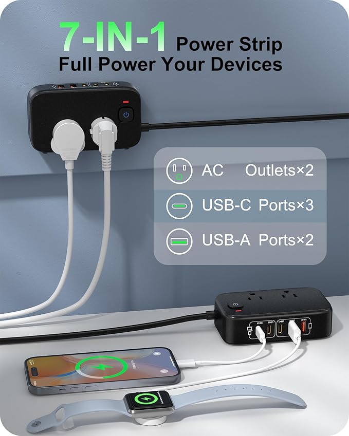7-in-1 Power Strip, PD GaN 65W USB C Power Strip with 3 USB-C, 2 USB-A Ports and 2500W AC Outlet, Flat Plug Essentials for Home/Office/College/Travel (Pearl Black, 65W)