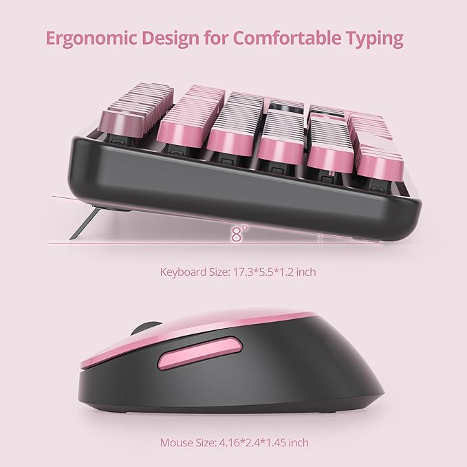 Black Pink Keyboard and Mouse Combo Wireless, 2.4G Full Size 104-Key Retro Typewriter Keyboards Round Keys for Students Teenagers Home Office PC Laptop(Berry Powder)