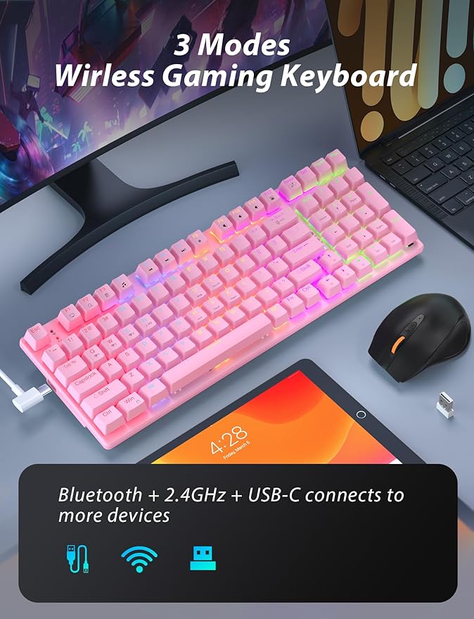 Wireless Mechanical Keyboard and Mouse Combo, 98-Key Gaming Keyboard with RGB Backlit, Tri-Mode BT5.0/2.4G/USB-C, 4000mAh Battery, 3200 DPI Gaming Mouse with Mouse Pad for PC, Laptop (Pink -Light)