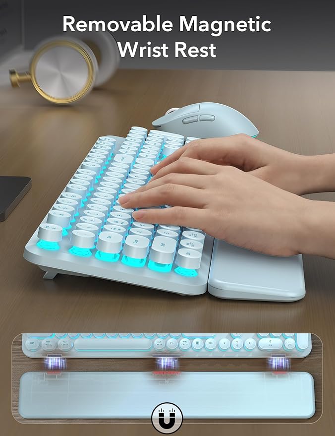 Wireless Keyboard and Mouse Backlit - Typewriter Keyboard with Detachable Wrist Rest, Light Up Letters, 2.4G Rechargeable Combo for Mac, Windows, PC, Laptop, Trueque (Blue)