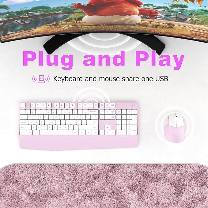 Wireless Keyboard and Mouse Combo, Ergonomic Keyboard with Wrist Rest, 2.4Ghz Wireless Connection, Compatible with PC/Laptop/Windows/Mac for Home and Office Use (White Pink)