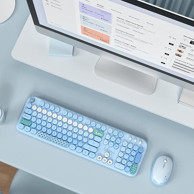 KNOWSQT Wireless Keyboard and Mouse Combo - Lovely Blue Rainbow 2.4G Full-Sized Colorful Keyboards, Round Keycap USB Dongle Plug Play Cute Keyboards for Windows, Laptop, PC, Desktop, Mac