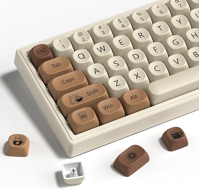 dagaladoo Cute Brown PBT Keycap Set,Coffee cat MOA Profile Keycaps 60 75 100 Percent,Dye-Sub 134-key Custom Keyboard Keycap for 100% 75% 65% 60% TKL US Layout Mechanical Keyboard