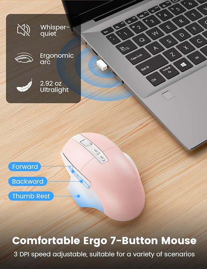 SABLUTE Wireless Keyboard and Mouse Combo, Ergonomic Wave Keys, Cushioned Plam Rest, Comfortable Silent Natural Typing, 2.4G Lag-Free, MA12 Full Size Keyboards Set for Multi-OS, Windows/Mac, Pink