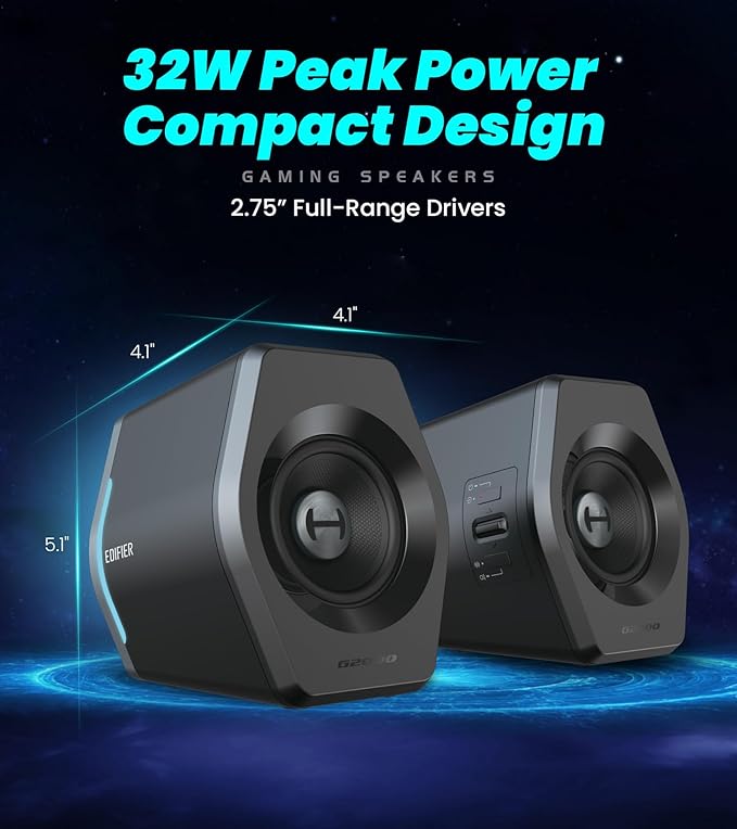 Edifier G2000 RGB Gaming Speakers, 32W Peak Power, Compact Design for PC/PS4/Desktop, Bluetooth 5.1, 3.5mm AUX, Game/Movie/Music Modes, 12 RGB Lighting Effects - Black