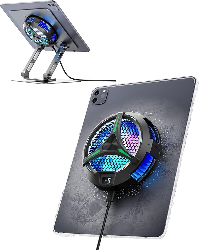 Magnetic Cooler for iPad,Tablet Cooler for ipad/Surface pro/Samsung Tab,Universal Radiator with Temperature Display for Mobile Gaming,Tiktok Live Streaming(Including Tablet Stand Holder)
