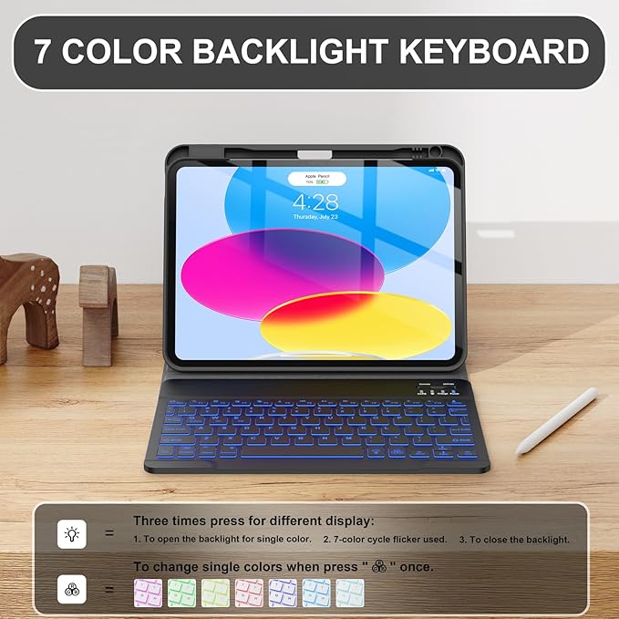Soke for iPad (A16) 11th/10th Generation Case with Keyboard(2025/2022)-7 Color Backlight Wireless Detachable Folio Keyboard Cover with Built-in Pencil Holder for iPad 11/10.9 inch, Black Marble