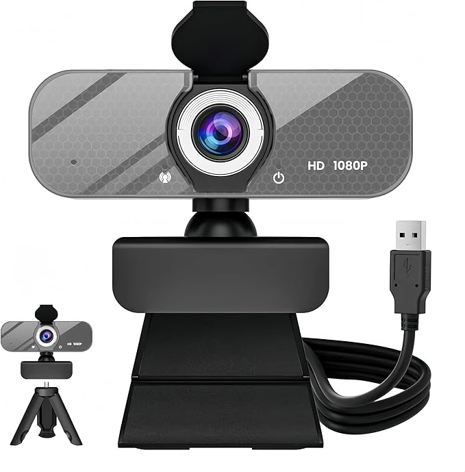 1080P HD Webcam with Built-in Microphone, Rotatable Tripod, Wide-Angle Lens,Privacy Cover, Auto Light Correction, Plug & Play USB-A Webcam for Laptop, Desktop, PC, Streaming-Gray