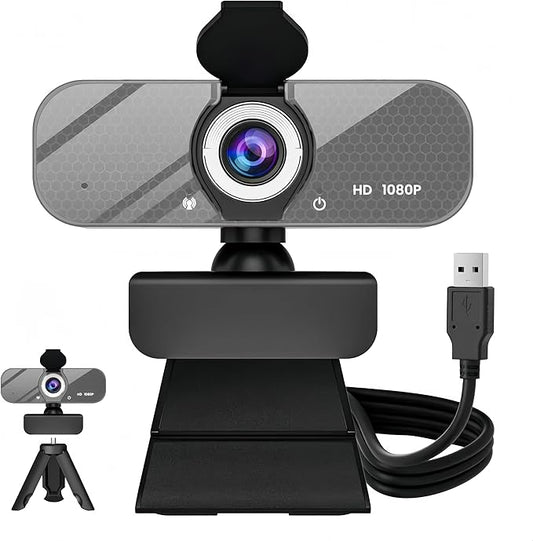 1080P HD Webcam with Built-in Microphone, Rotatable Tripod, Wide-Angle Lens,Privacy Cover, Auto Light Correction, Plug & Play USB-A Webcam for Laptop, Desktop, PC, Streaming-Gray