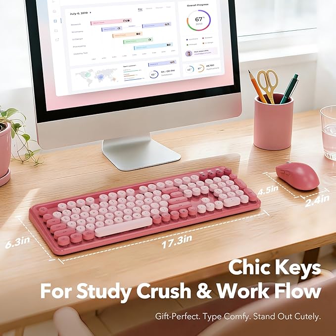 Wireless Keyboard and Mouse Combo, Cute Full-Size Typewriter-Style Keyboard, Retro Round Keycaps, Phone/Tablet Holder, 3-Level DPI Mouse, 2.4GHz Cordless for Mac Windows PC Laptop, Trueque CK13, Pink