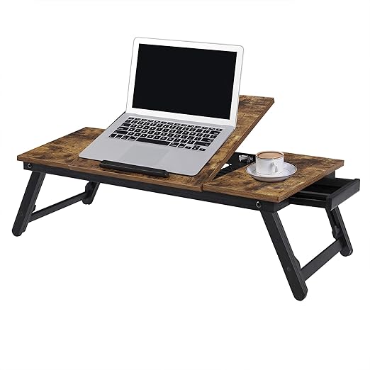 SONGMICS Laptop Desk, Bed Sofa Breakfast Tray, Adjustable Tilt Top, Right-Left Handed, Adjustable Folding Legs, Drawer, Rustic Dark Brown ULLD110B01