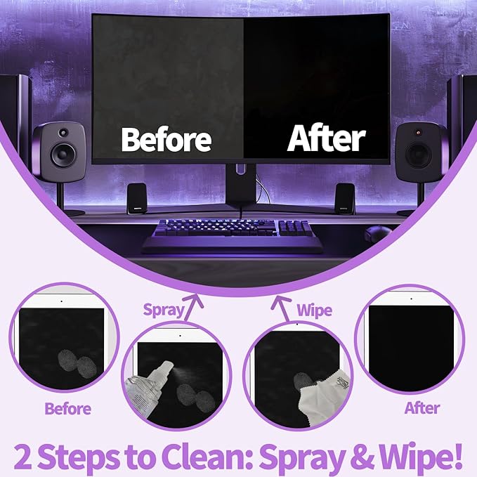 Phone Touch Screen Cleaner Mist Spray and Wipe, Hatstart Pristine Eyeglass Cleaning Kit for TV Laptop Computer Tablet PC LCD Flat Screens Car Display, Compatible with iPhone iPad MacBook Pro, Purple