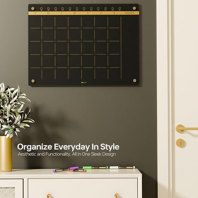 Black Glass Golden Monthly Dry Erase Calendar Whiteboard for Wall, 17" x 23", Frameless Large Planner White Board for Home Kitchen Office, 4 Wet Erase Markers Included, Yeoux
