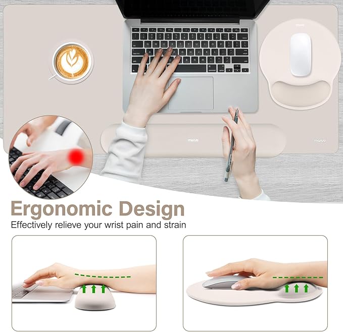 MOSISO Wrist Rest for Keyboard Mouse Pad Set, Large Gaming Deskpad&Circle Curved Mousepad&Keyboard Wrist Rest&Coaster, Ergonomic Non-Slip Mousepad&Easy Typing Pad with Silicone Lining, Stone Gray