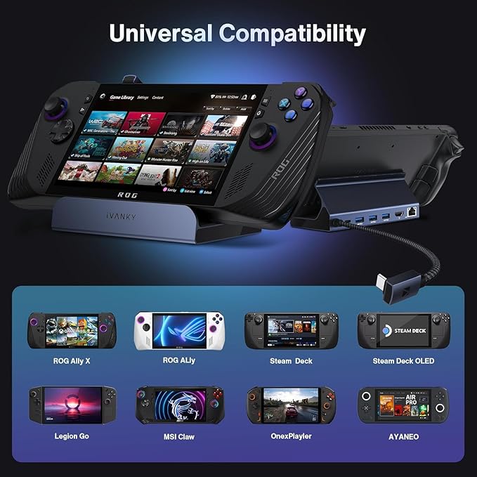 iVANKY Legion Go/ROG Ally X/ROG Ally/Steam Deck Dock with 100W PD Charger, 8-in-1 Hub Docking Station with HDMI 4K@144Hz Gigabit Ethernet, USB-A 3.0 100W Charging USB-C Port for Valve Stream Deck