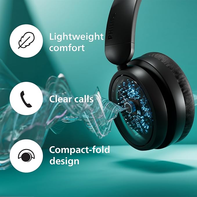 Philips H5209 Wireless Headphones,Over-Ear Bluetooth Headphones with Dynamic Bass,Clear Call, 65 H Battery Life,Fast Charging,Soft Ear Cups, Bluetooth 5.3, App Control, Lightweight,Black