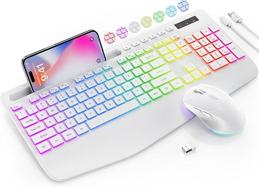SABLUTE Wireless Keyboard and Mouse Combo, 9 Backlit Effects, Wrist Rest, Phone Holder, 2.4G Lag-Free Ergonomic Keyboards, KM22 MAX Rechargeable Silent Set for Computer, Laptop, Mac, Windows（White）