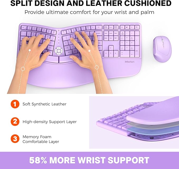 MEETION Ergonomic Keyboard and Mouse Combo, 2.4G Cordless Split Keyboard with Cushioned Palm Rest, Vertical Wireless Mousefor Windows/Mac Purple