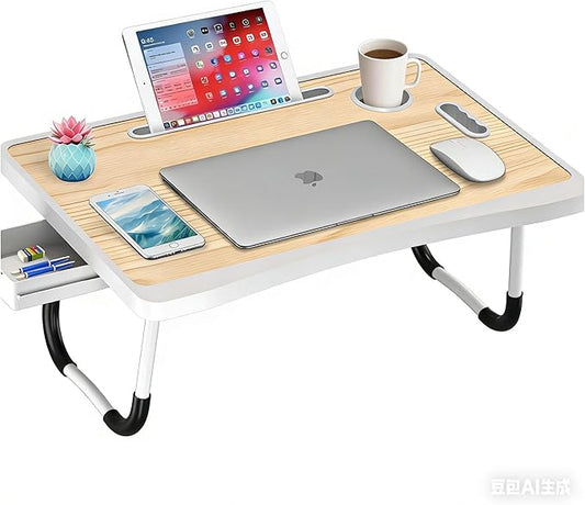 Laptop Bed Table with Storage & Cup Holder - Foldable Bed Table for Laptop, Portable Lap Desk Bed Tray for Breakfast in Bed, Writing, Reading, Working, Eating on Sofa or Floor