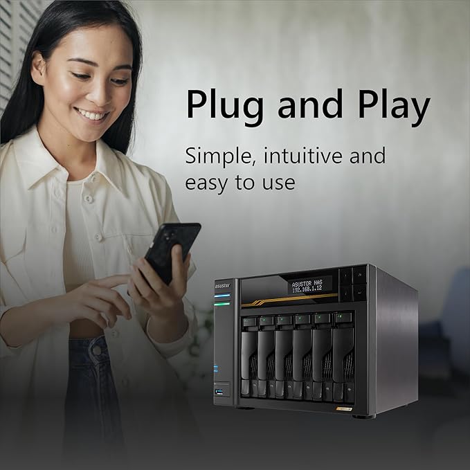 Asustor Lockerstor 6 Gen3 AS6806T 6 Bay NAS, AMD Ryzen Quad-Core 2.3GHz, 16GB ECC DDR5, 4 M.2 NVMe Slots, Dual 5GbE and 10GbE, Network Attached Storage for Video & Content Creator (Diskless)