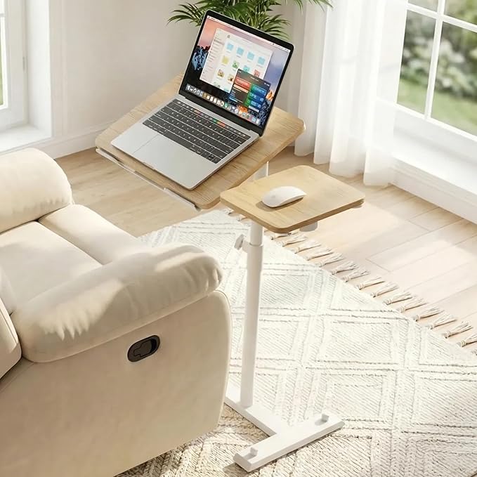 Rolling Table for Laptop Stand, Height and Angle Adjustable Over Bed Table with Wheels, Tilt-Top Laptop Desk for Couch with Cup Holder, Bed Table Tray for Eating (Oak)