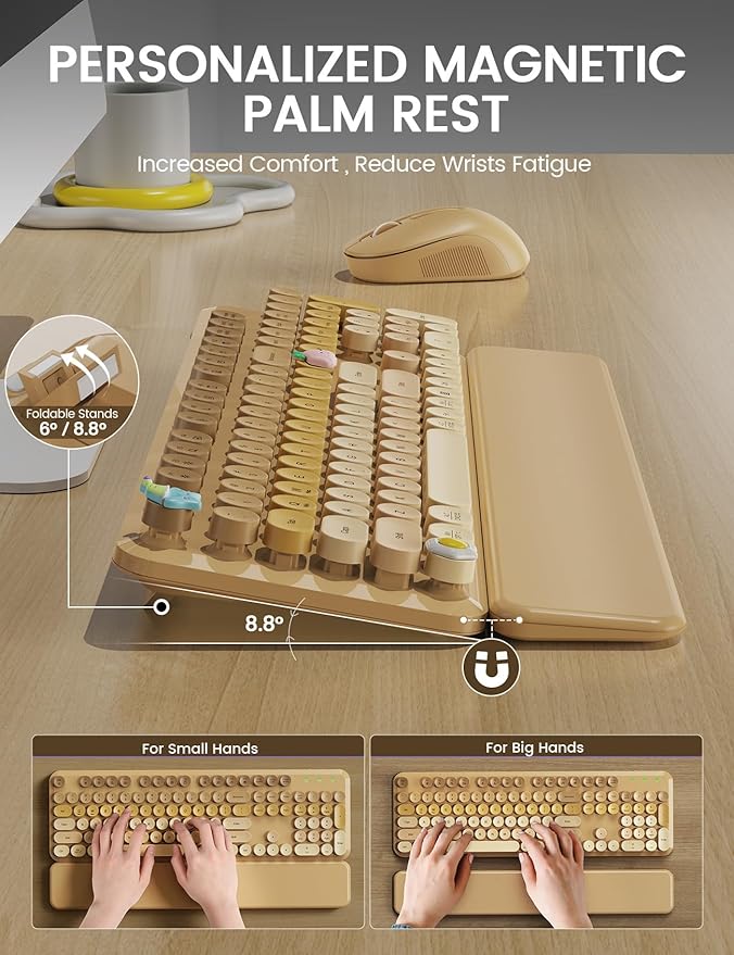 Wireless Keyboard and Mouse Combo, Typewriter Keyboard with Detachable Wrist Rest, Full-Size Retro Round Keycaps, Smart-Sleep, 2.4GHz Stable Connection for Mac/Windows/PC, Trueque (Ombre Latte Beige)