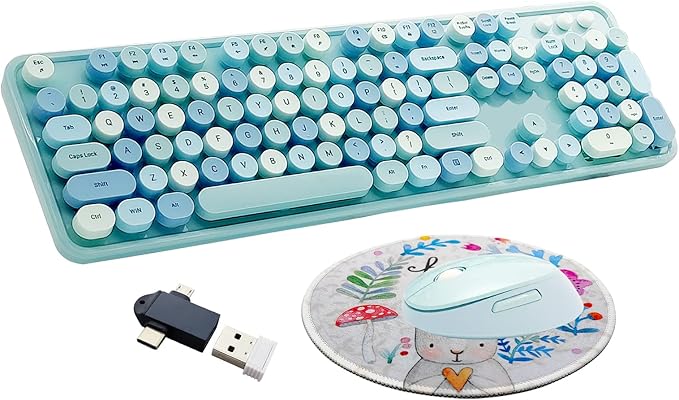 Wireless Keyboard and Mouse Combo, Ergonomic Cute Retro Typewriter Full Size Colorful USB Cordless Keyboard Mouse Set for Gaming and Office (Blue)