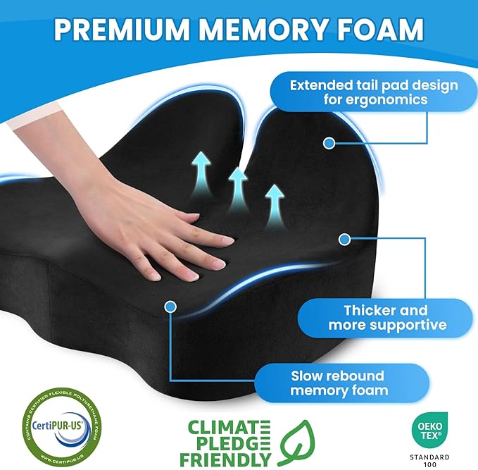 Seat Cushion, Memory Foam Office Chair Seat Cushion for Office Chairs/Car/Long Trip/Desk Chair/Gaming, Extra Large Size for Sciatica & Hip & Tailbone Pain Relief, Sciatica Support (Black)