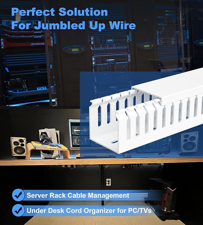 ZhiYo 2 x 2in Professional Server Rack Cable Management Raceway, 99in (6X L16.5in) Cable Raceway Kit, Electrically Safe PVC Open Slot Wire Raceway for Under Desk/Computer/Network Cords, White