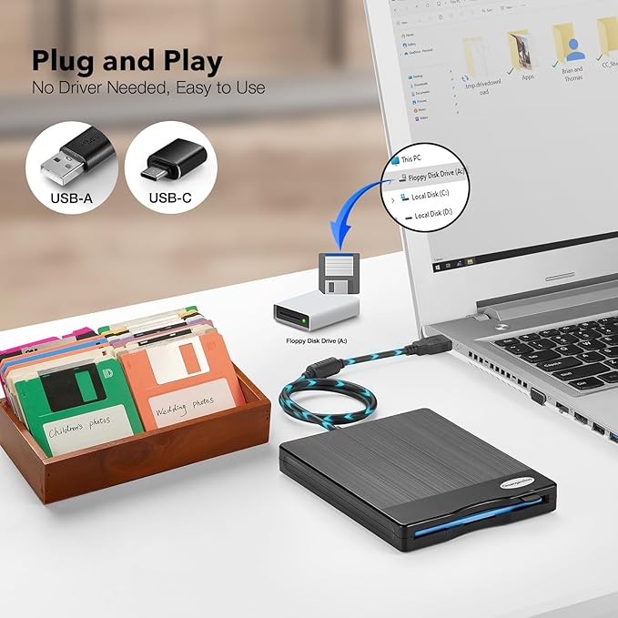 Floppy Disk Reader, 3.5 inch USB Type A&C External Floppy Disk Drive, 3 1/2 Floppy Disc Reader for PC,Laptop&Notebook-Brushed Texture