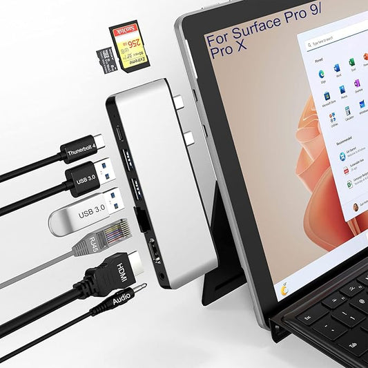 Surface Pro 9/Pro 11 USB Hub Docking Station with 4K HDMI, USB-C Thunerbolt 4(8K@30Hz Video+40G Data+100W Power), 100M RJ45, 2X USB3.0, SD, TF, 3.5mm Audio, Triple Display for Surface Pro 11/10/9/X