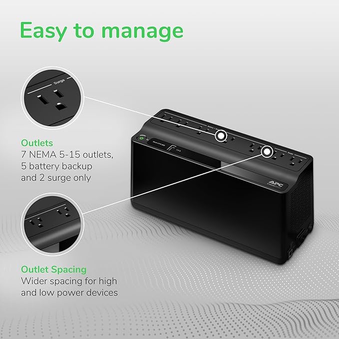 APC UPS 600VA / 330W UPS Battery Backup & Surge Protector, 7 Outlets (NEMA 5-15R), USB Charging Port, BE600M1 Uninterruptible Power Supply for Computers, Wi-Fi Routers, and Home Office Electronics