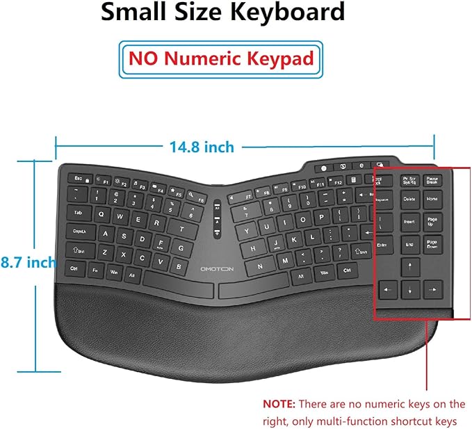 OMOTON Ergonomic Wireless Split Keyboard Compatible with Windows only, Cushioned Wrist Rest, Rechargeable, USB Connectivity, 2.4G Membrane Silent Keyboard, Classic Black