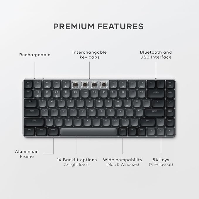 Satechi SM1 75% Mechanical Keyboard for Mac and Windows, LED Backlit Bluetooth Keyboard, 84 Keys Compact Wireless, Gaming, for Mac and Windows - Dark Gray/Gray