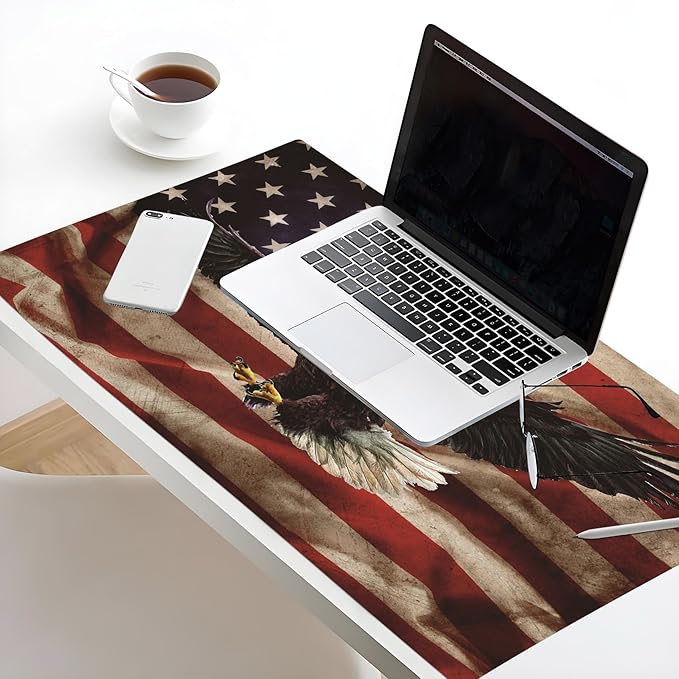 EOBTAIN Gaming Large Mouse Pad Vintage American Flag Desk Mat for Keyboard and Computer 31.5x15.7 Inch Non-Slip Rubber USA Bald Eagles XXL Mousepad with Stitched Edges for Office Laptop and Home