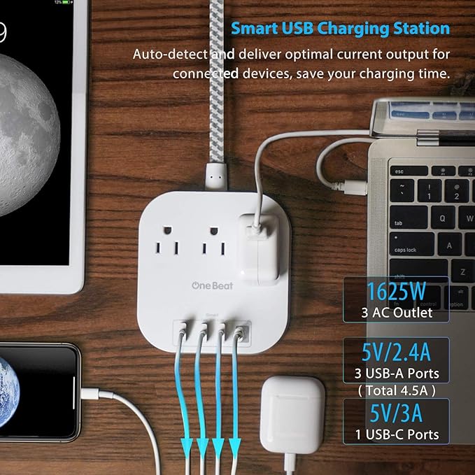 Power Strip with USB C, 3 Outlets 4 USB Ports (22.5W/4.5A) Desktop Charging Station, Flat Plug, 15ft Braided Extension Cord, Non Surge Protector for Travel, Cruise Ship, ETL Listed