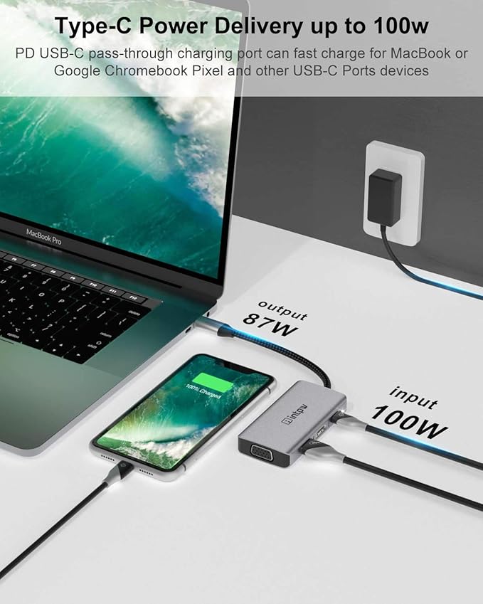 USB C Hub, 4 in 1 VGA to HDMI Adapter with PD 100W, 4K HDMI, Type-A 3.0 5Gbps, 1080P VGA, Alumimun USB Hub for Laptop, MacBook Pro/MacBook Air/ipad Pro/Dell XPS