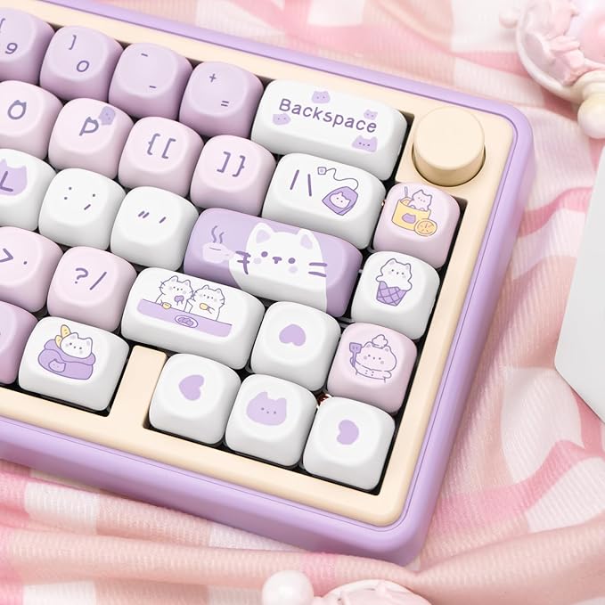 PBT Keycaps, MOA Profile Keycaps 132 Keys Dye Sublimation Purple Cute Cat Customized Keycap Set for ANSI Layout Cherry MX Switches Mechanical Keyboards