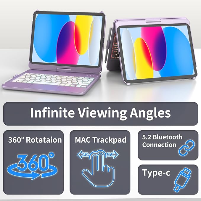 HOTLIFE for iPad A16 11th Generation/10th Generation Case with Keyboard,Touch Keyboard for iPad 11" /10th Gen 10.9 inch 2022-10 Color Backlight, 360° Rotatable Protective Cover (Light Purple)