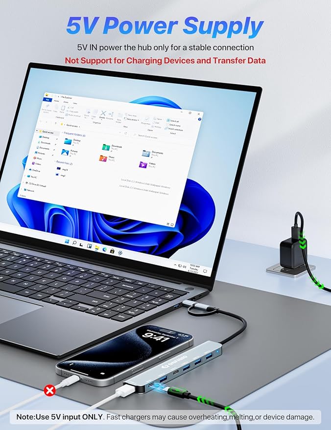 USB C/USB Hub Multiport Adapter,7 in 1 Aluminum USB 3.0 Hub with 1 *USB 3.0, 4*USB 2.0,1*USB C and 1 * 5IN Power Port for PC/Laptop/MacBook/iPad Pro and More Devices