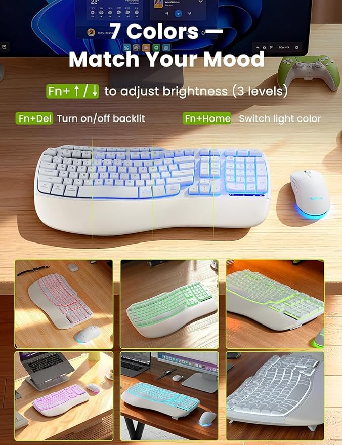 White Wireless Keyboard and Mouse Combo, Light up Ergonomic Keyboard Set, 2.4G Full Size Ergo Wave Key Board with Cushioned Plam Rest, Silent Mouse, for Computer/Laptop/Windows/Mac, Sablute