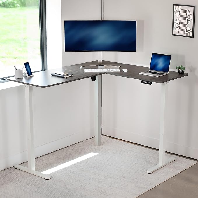 VIVO Corner Standing Desk, 63 x 55 inch Reversible L-Shaped Workstation, Electric Height Adjustment, Home, Office, and Reception Rooms, Dark Gray Table Top White Frame, DESK-E3CTWG