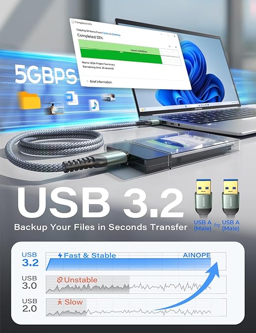 AINOPE USB to USB Cable, USB 3.0 A to A Male to Male Cable [Never Rupture] Double End Type A Cord Compatible with Hard Drive Enclosures, KVM, DVD Player, TV, Laptop Cooler, 3.3Ft/Grey