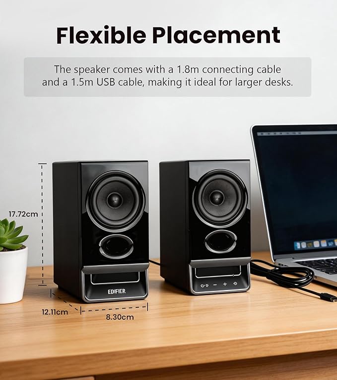 Edifier R20BT Computer Speakers, 2.75" Full-Range Drivers, Bluetooth 6.0, Touch Controls, AUX & USB-C Inputs, Headphone Jack, Custom Ambient Light & Sound Profiles via APP - Black