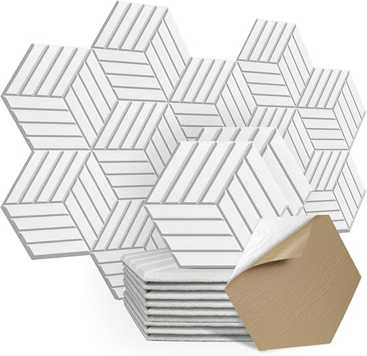 12 Pack Acoustic Panel Self-Adhesive, 14" X 12" X 0.4"High Density Sound Proof Padding, Hexagon Sound Proof Insulation Beveled Edge Wall Tiles(White)