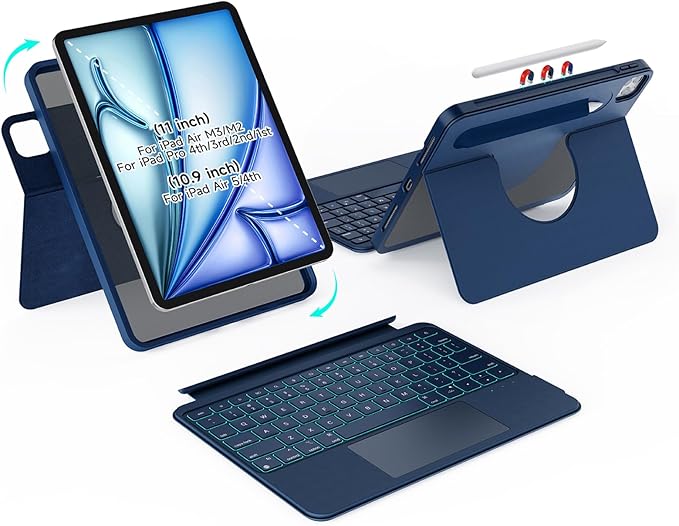 Rotatable & Detachable Magnetic Keyboard Case for iPad Air 11-inch (M3 2025 /M2) & 11-inch Pro (4th,3rd,2nd,1st Gen) & 10.9" Air 5/4 th, with Trackpad,Backlits, Full Protect, Blue