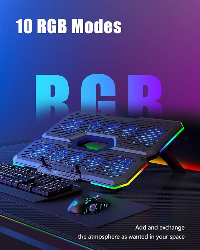 Laptop Cooling Pad, Gaming Laptop Cooler with 10 Quiet Fans, Height Adjustable Laptop Cooling Stand for 12"-18.1" Laptops, RGB Lights with Laptop Fan with 2 USB Port and Phone Stand