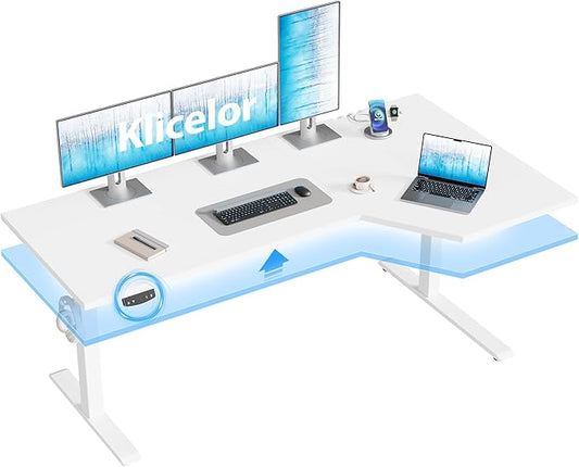 Klicelor 59 Inch L Shaped Standing Desk, Adjustable Height Corner Desk for Home Office Workstation, Sit Stand Desk with Two-Piece Desktop, White