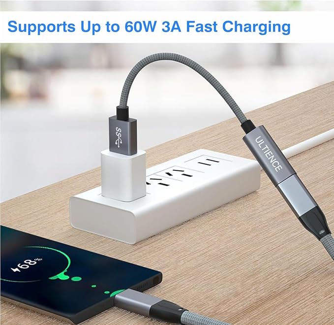 USB-C Female to USB 3.0 Male Adapter Cable, 10Gbps Ultra-Fast Transfer Speed, 60W Fast Charging, Durable Braided 1.2m Cable, Sturdy Metal Plug for Laptops, PCs & Smartphones (Grey 3.3ft)
