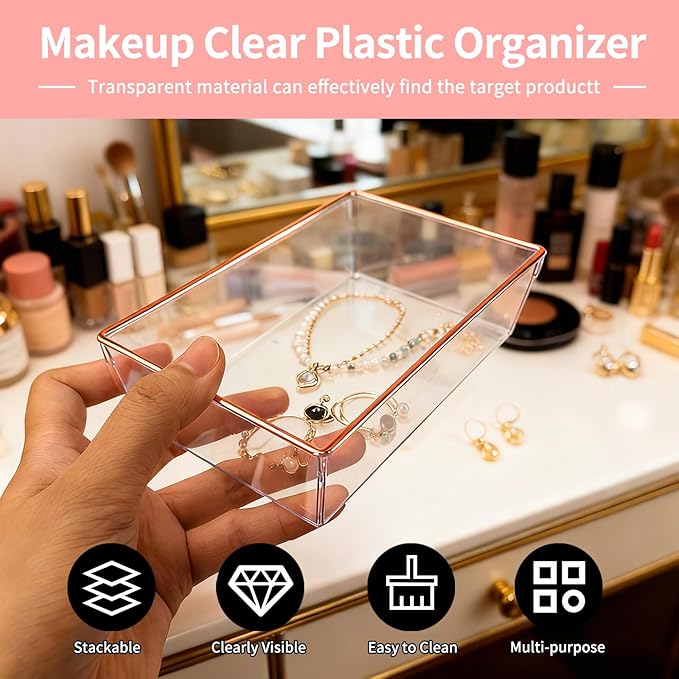 12 Pack Large Size Clear Stackable Drawer Organizer Trays, Rose Gold Rim Makeup Drawer Storage Tray Divider, Desk Storage for Makeup, Jewelry, Bathroom, Stationary, Kitchen Utensils and Office Desk